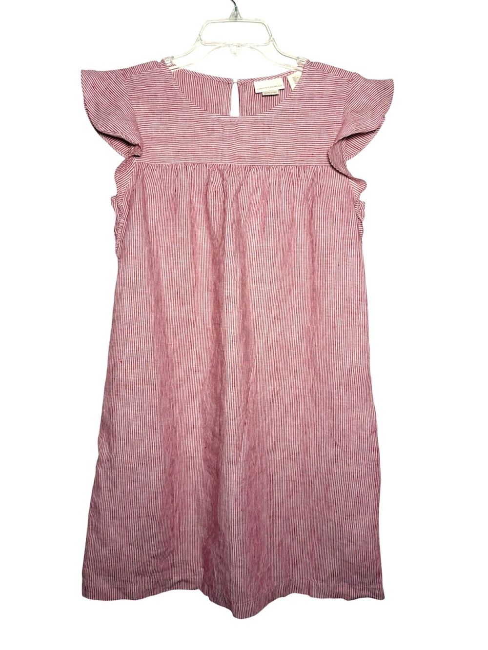 CYNTHIA ROWLEY Linen Oxford Striped Sheath Flutter Ruffle Cap Sleeve Dress